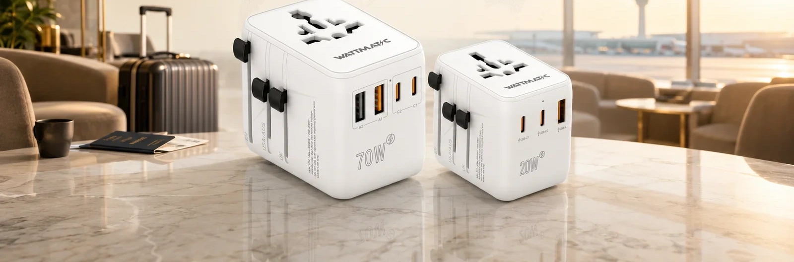WATTMATIC PD70 and PD20 adapters in a premium airport lounge