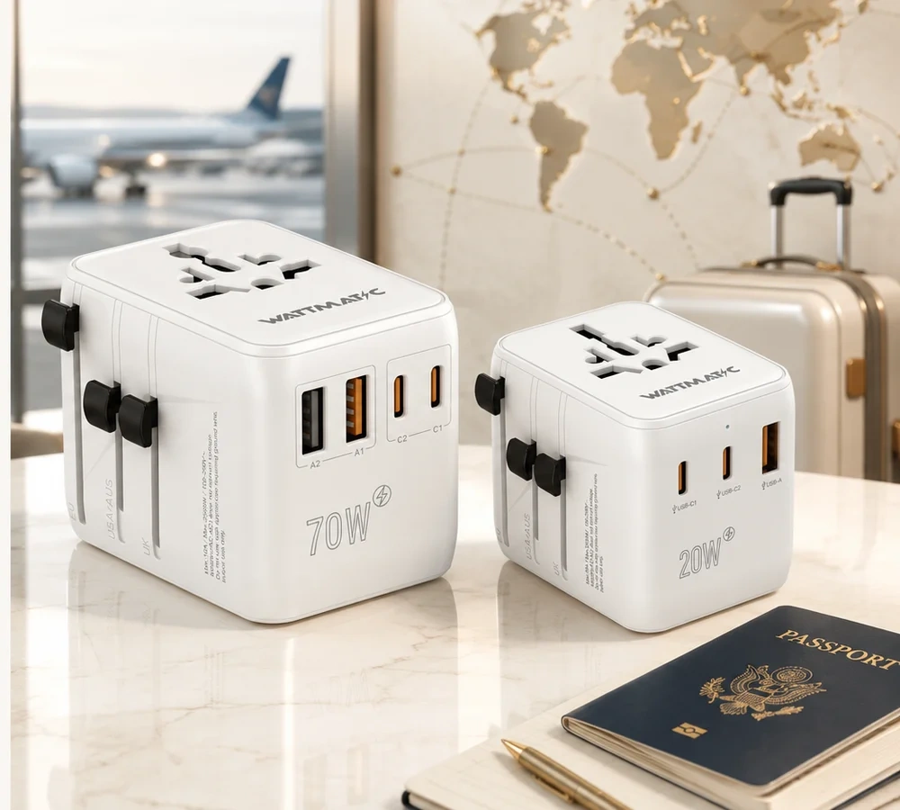 WATTMATIC PD70 and PD20 adapters in a premium airport travel setting