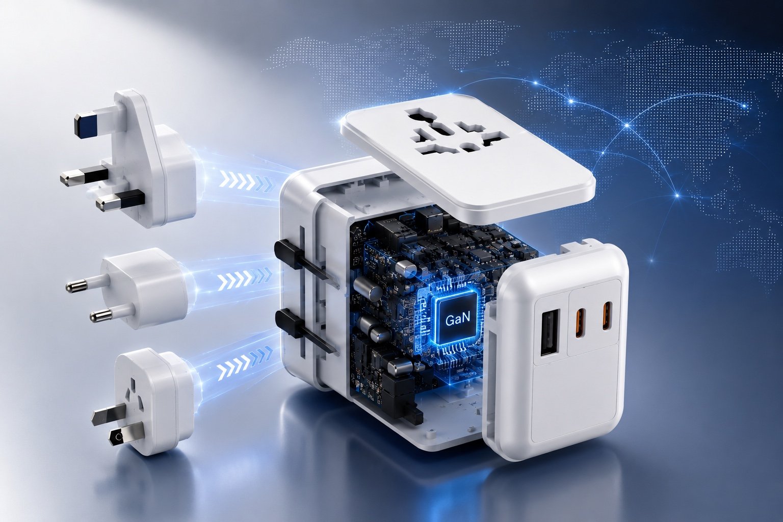 Exploded WATTMATIC GaN architecture with UK, EU and Australia plug systems