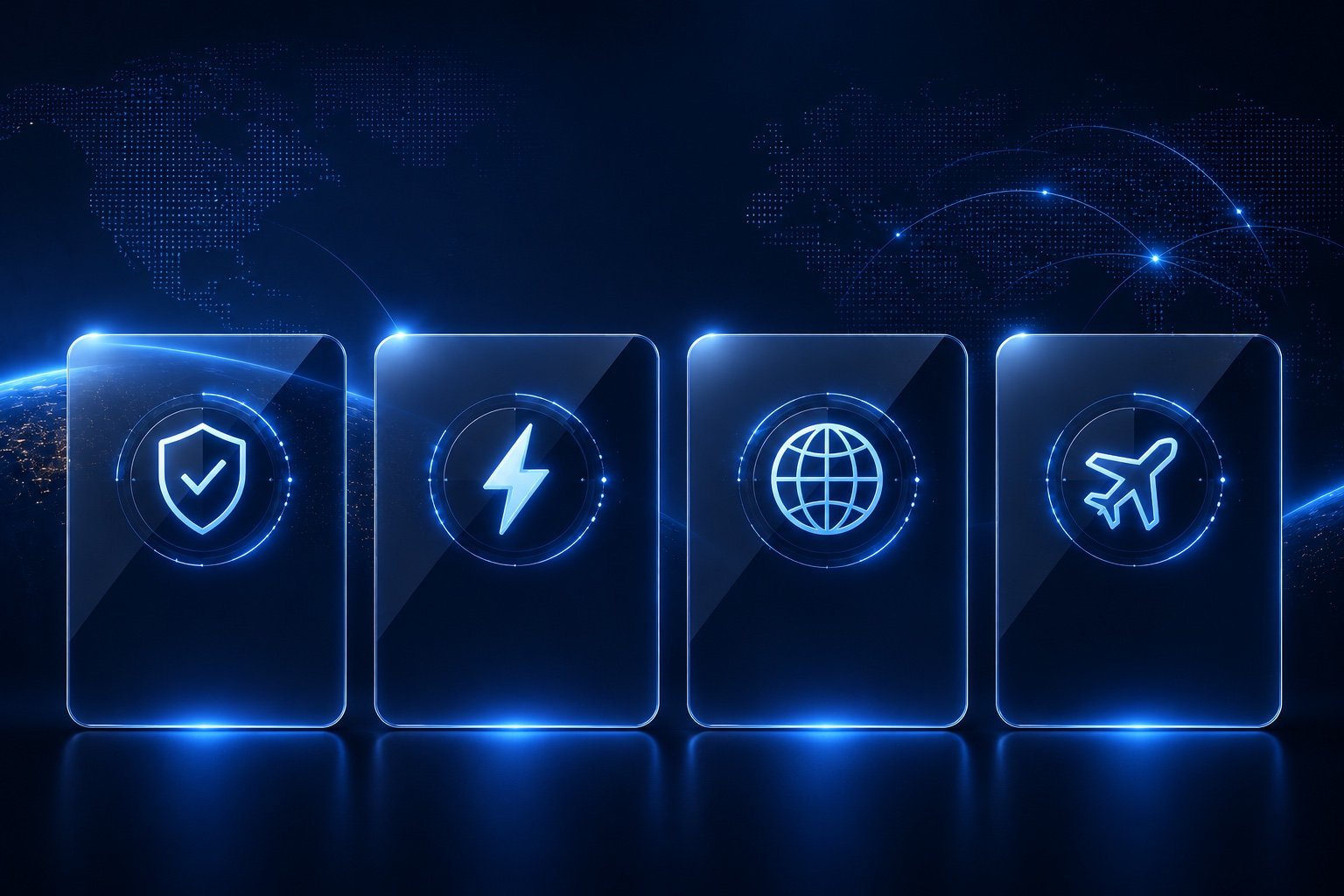 Four premium glass cards representing safety, fast charging, worldwide compatibility and travel readiness