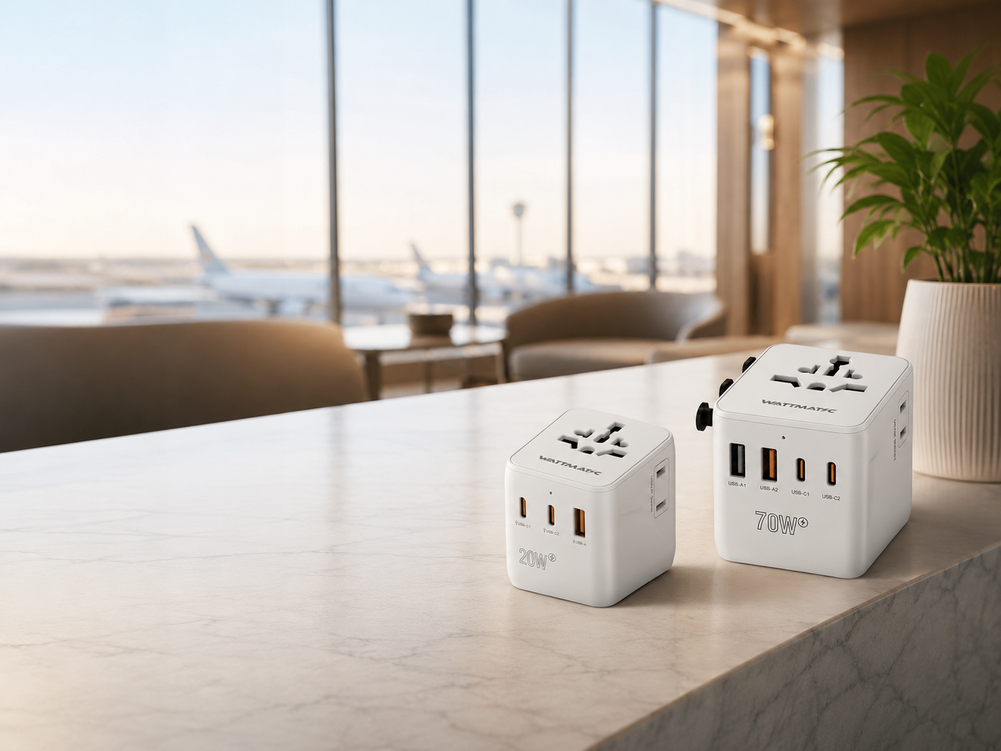 WATTMATIC PD20 and PD70 adapters displayed in a premium airport lounge