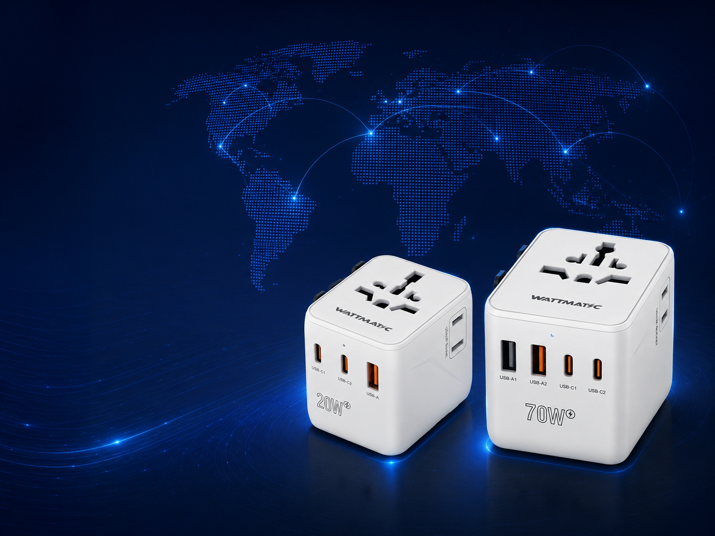 WATTMATIC PD20 and PD70 adapters in front of an electric-blue dotted world map