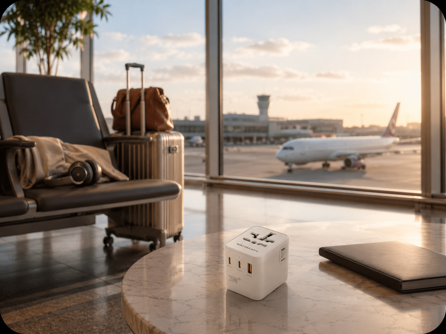 WATTMATIC PD20 adapter in an airport lounge at golden hour