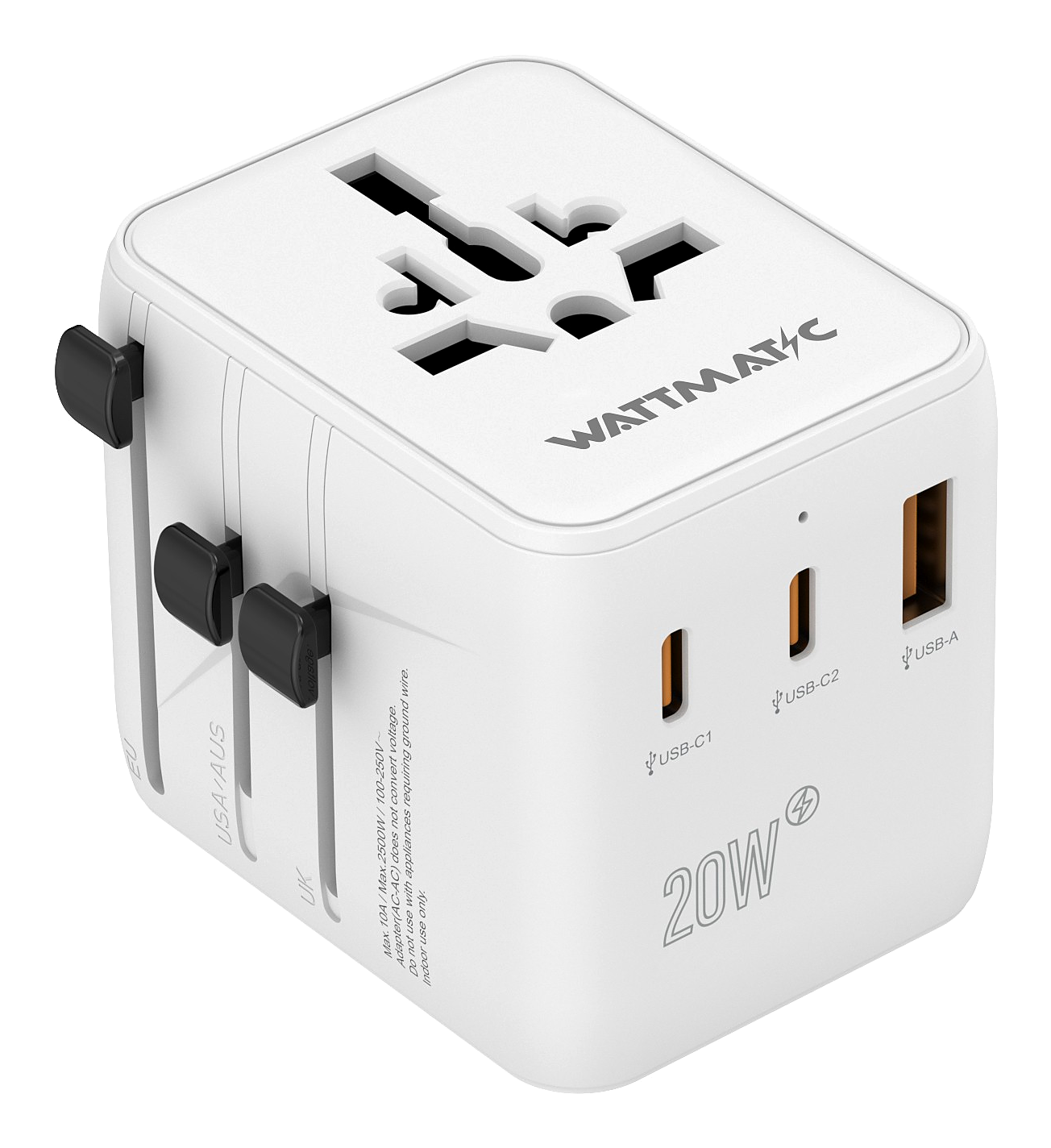 WATTMATIC PD20 front-left view showing the charging ports and three plug sliders