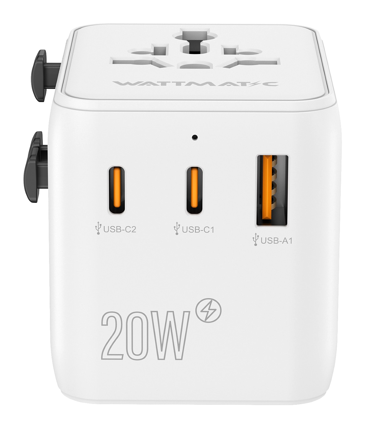 Close front view of the WATTMATIC PD20 showing two USB-C ports and one USB-A port