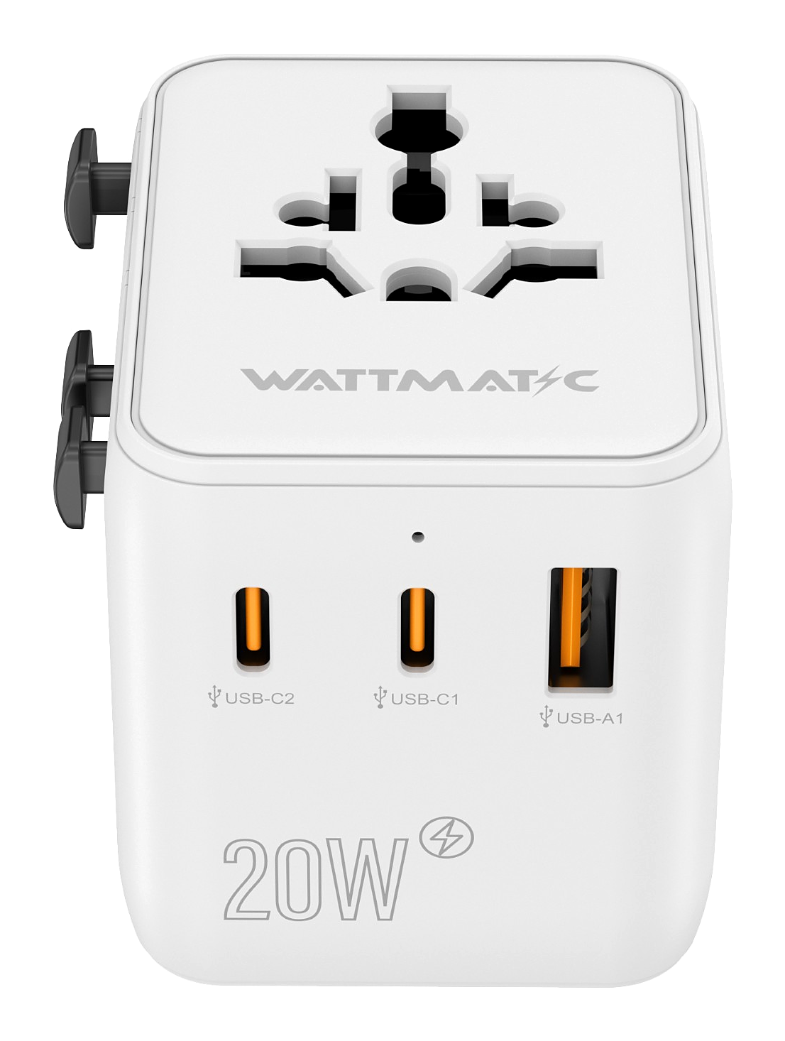 Straight front view of the WATTMATIC PD20 showing the universal socket, two USB-C ports and one USB-A port
