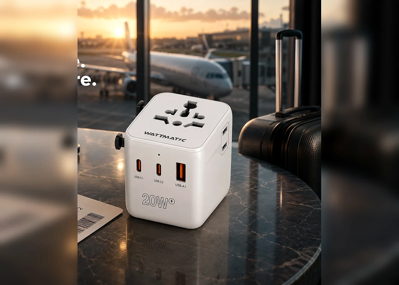 WATTMATIC PD20 travel adapter in an airport lounge beside a suitcase