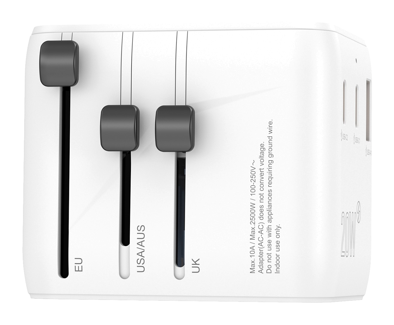 Side view of the WATTMATIC PD20 showing EU, USA/AUS and UK plug sliders