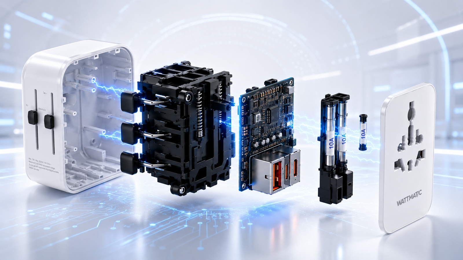 Exploded PD70 assembly showing rear housing, plug slider mechanism, internal circuit board, dual fuse system and front universal socket cover
