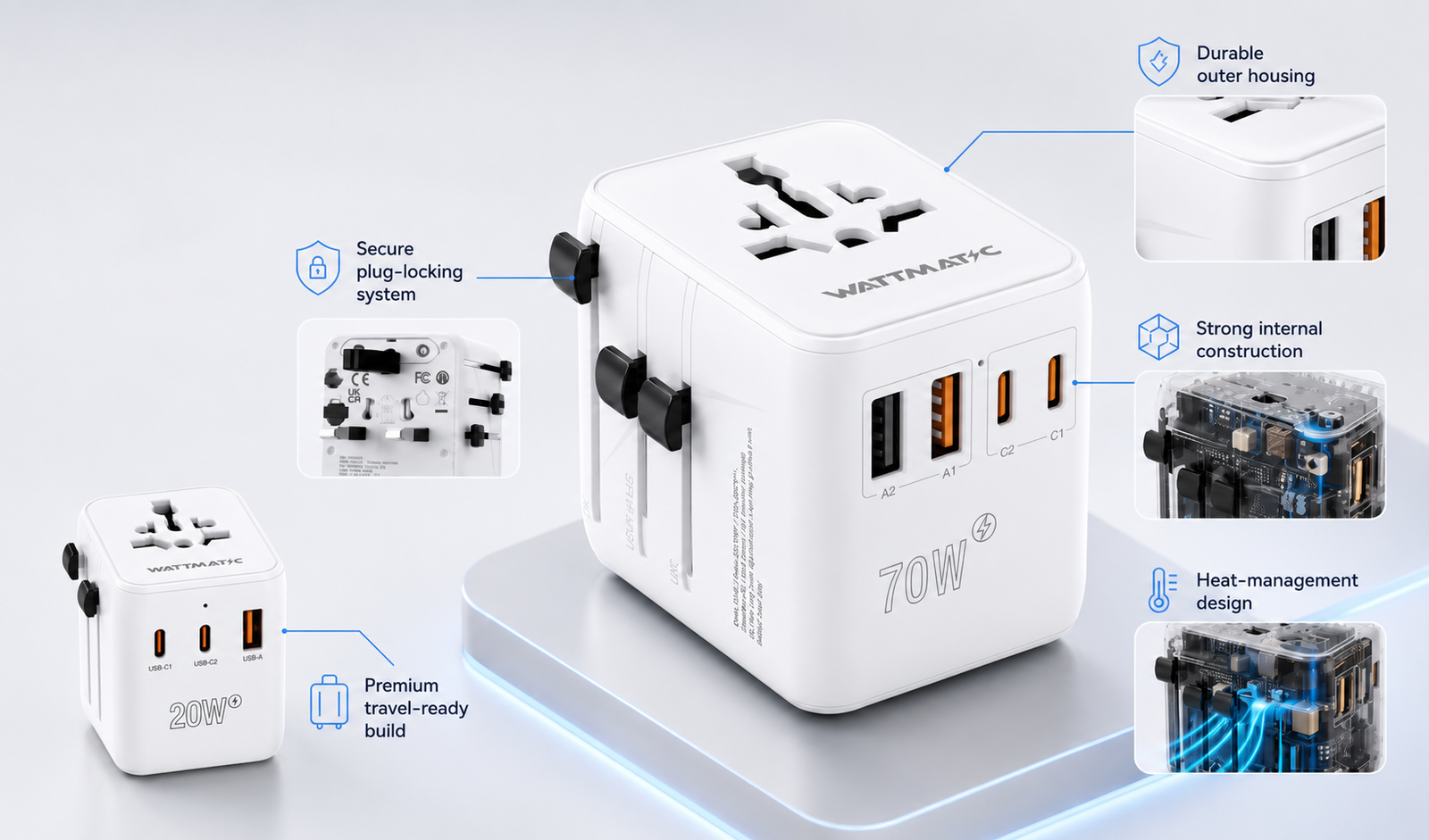 Annotated WATTMATIC PD70 and PD20 durability visual showing plug locking, outer housing, internal construction, heat management and travel-ready build
