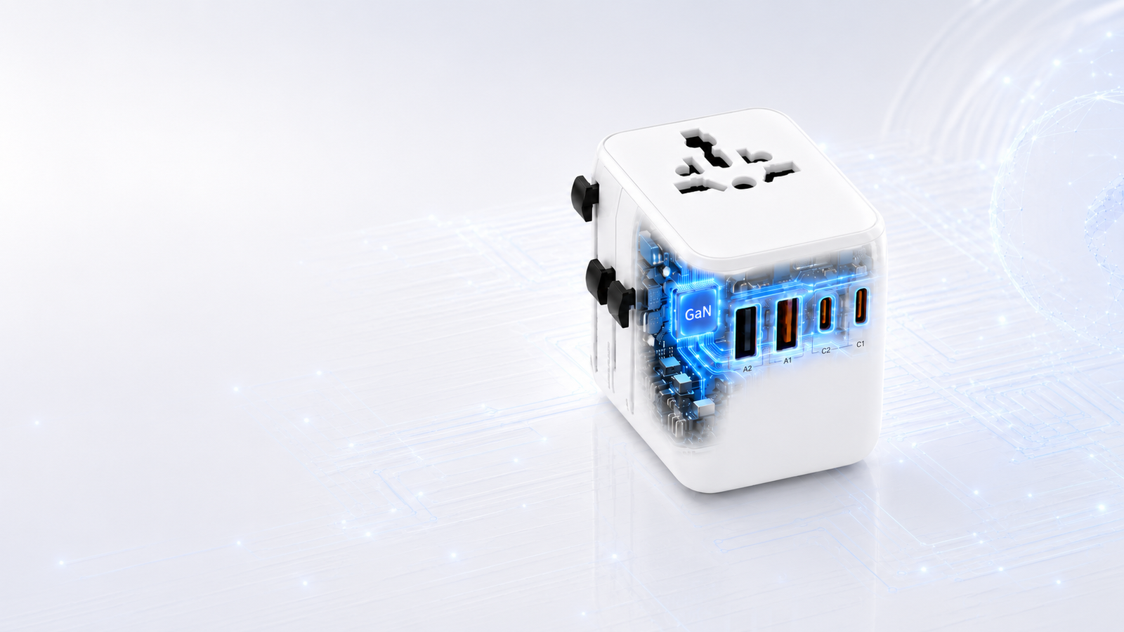 WATTMATIC PD70 travel adapter with illuminated internal GaN circuitry